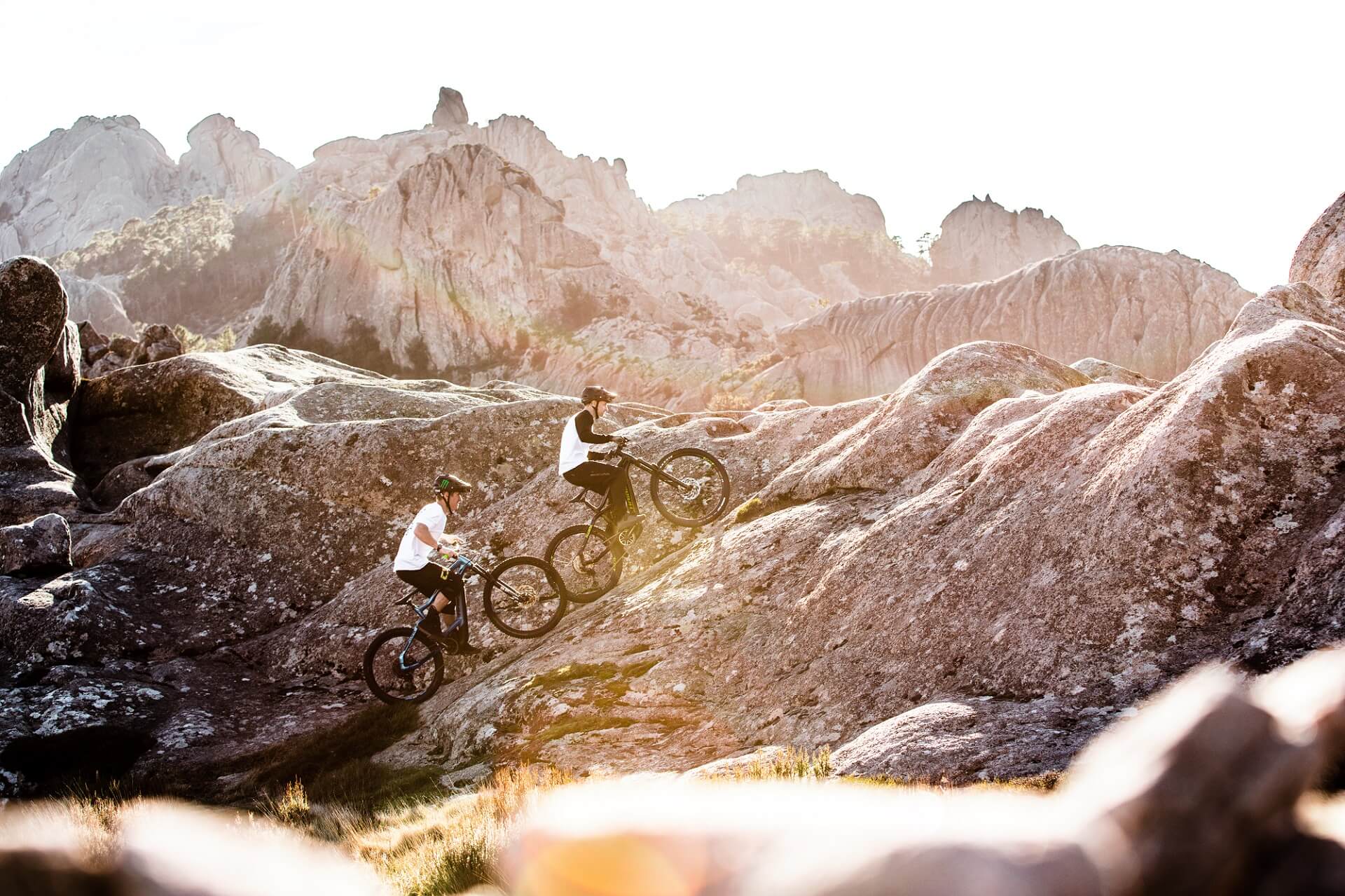 Haibike Hero Sam Pilgrim and Tom Cardy pedalling up a hill on Corsica