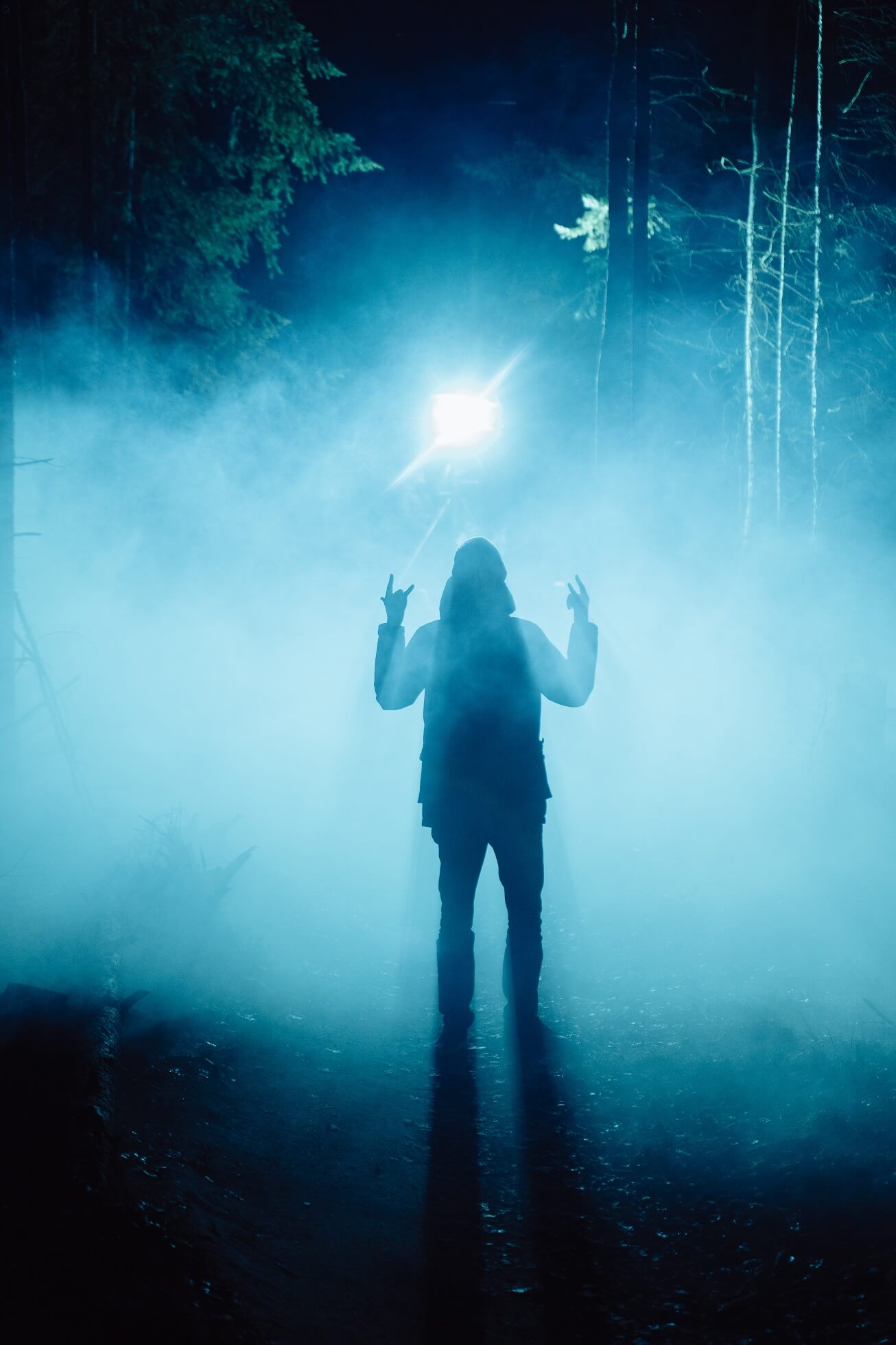 Silhouette of a man showing the Rock On gesture in a dark forest with blue lights in the background