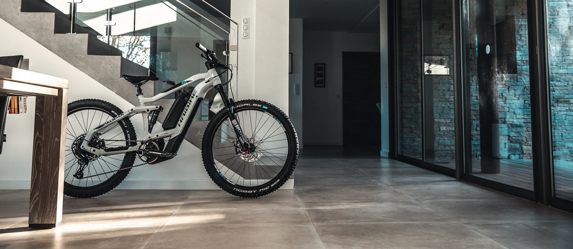 Haibike electric mountain bike in modern office hallway